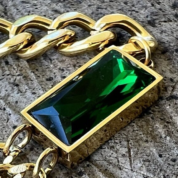 18K Gold Plated Cuban chain Necklace SET Stainless Steel green emerald NEW - Picture 9 of 12